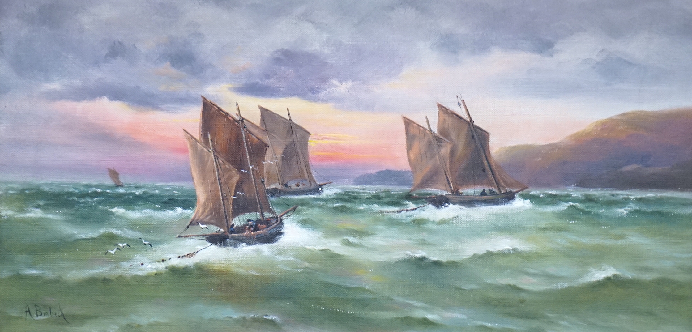 A Binbeck (b. 1900) oil on canvas, Shipping off Hastings, signed, 30 x 60cm, ornate gilt framed